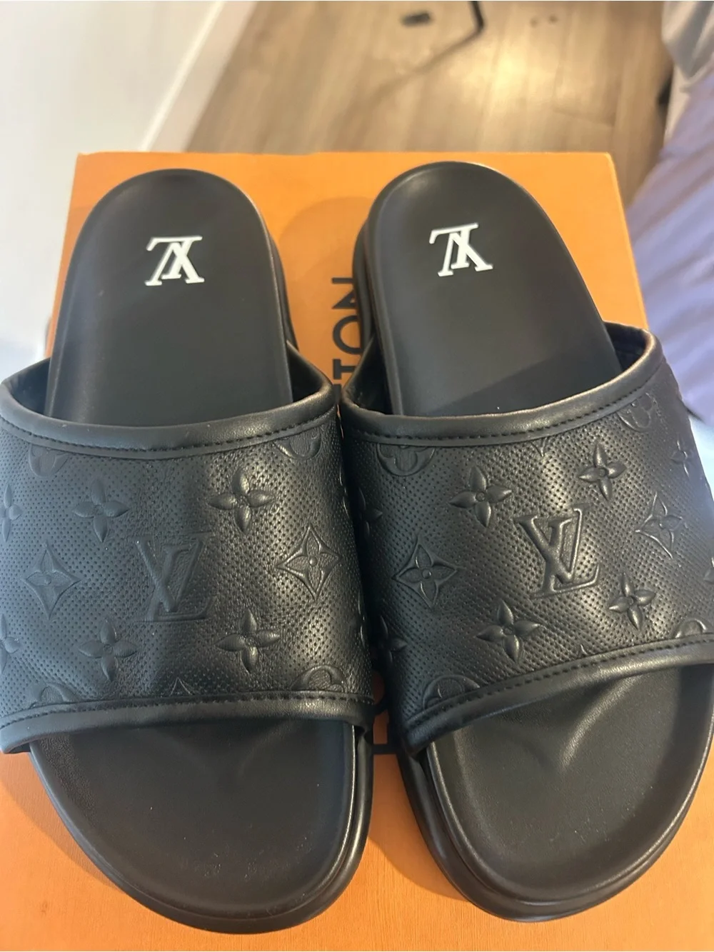 Louis Vuitton Black Embossed Monogram Slide Sandals
